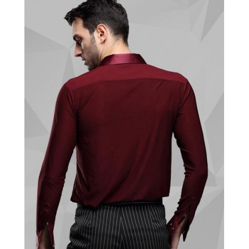 Wine red colored long sleeves stand down collar men's male competition latin ballroom dance tops shirts